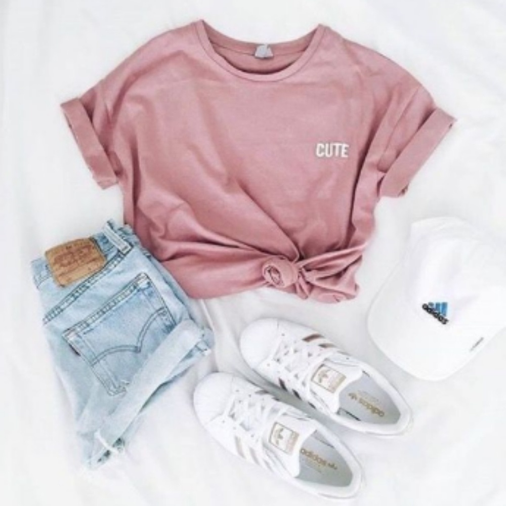 "Cute" Croptop, Denim booty shorts. Adidas Shoes.